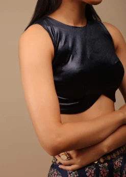 Midnight Blue Blouse In Satin With Curved Hem, Round Neckline And Back Zip Detail