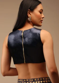 Midnight Blue Blouse In Satin With Curved Hem, Round Neckline And Back Zip Detail