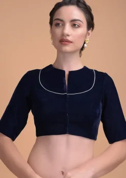 Midnight Blue Blouse In Velvet With A Zari Lace Defining The Neckline