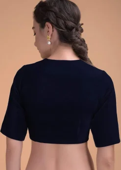 Midnight Blue Blouse In Velvet With A Zari Lace Defining The Neckline