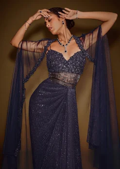 Midnight Blue Corset Gown With Drape And Embroidered Cape