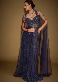 Midnight Blue Corset Gown With Drape And Embroidered Cape