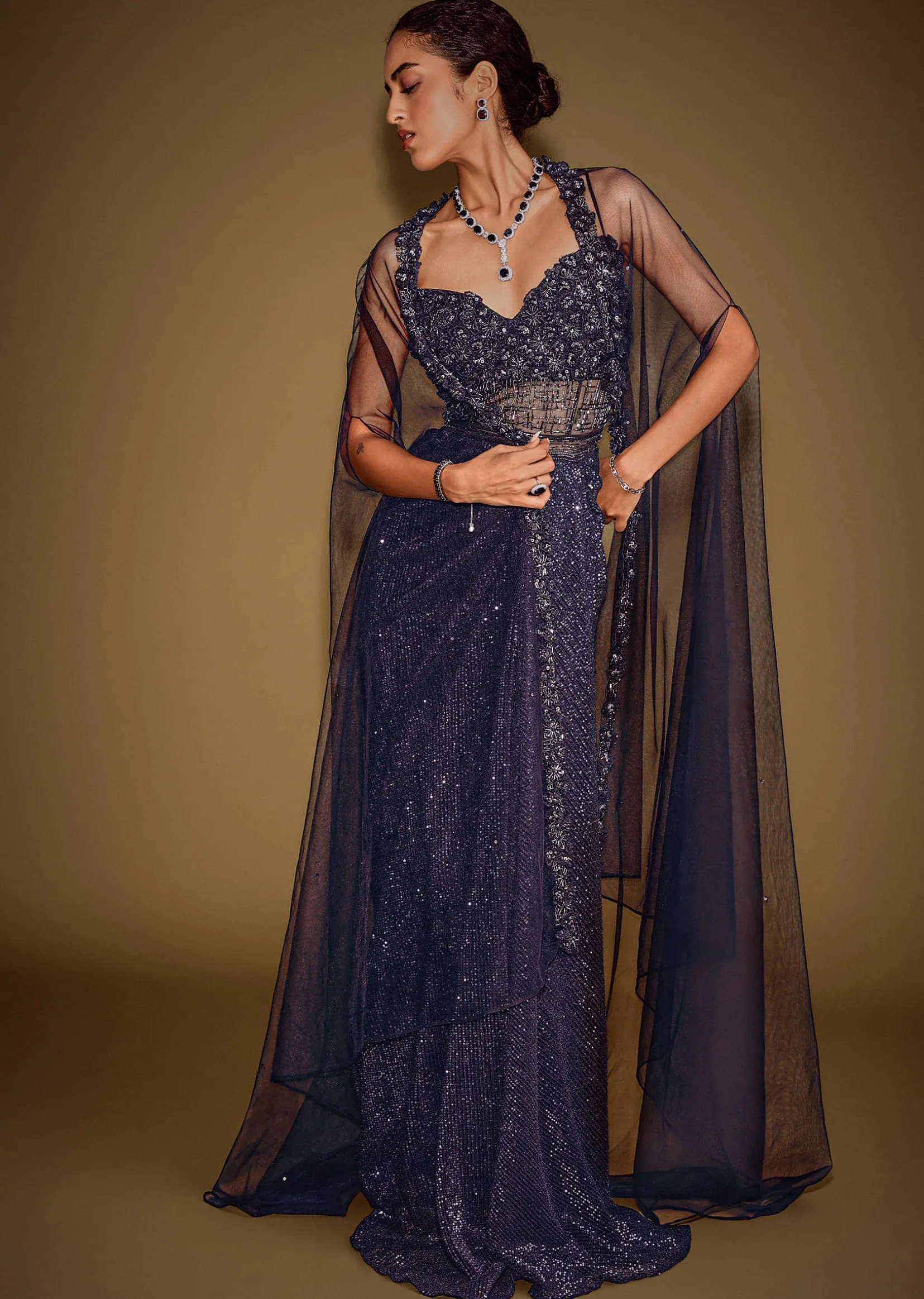 Midnight Blue Corset Gown With Drape And Embroidered Cape