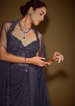 Midnight Blue Corset Gown With Drape And Embroidered Cape