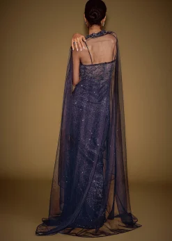 Midnight Blue Corset Gown With Drape And Embroidered Cape