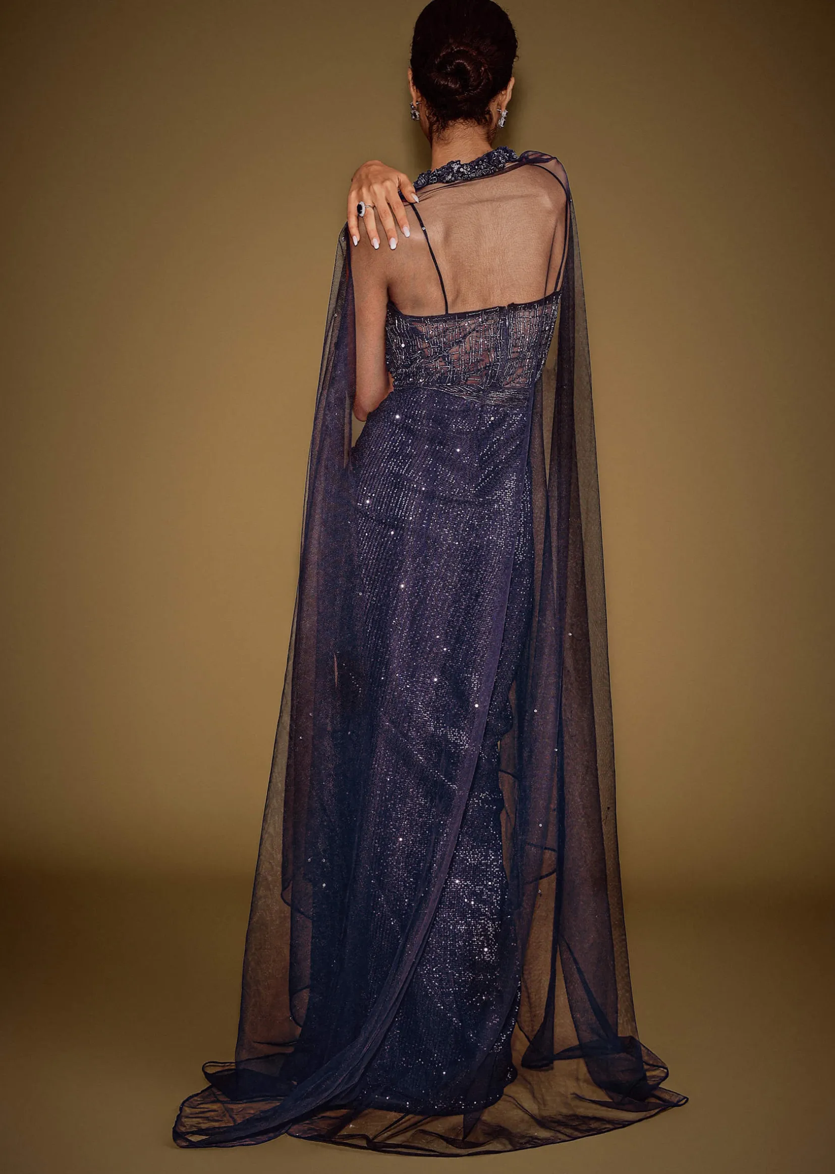 Midnight Blue Corset Gown With Drape And Embroidered Cape