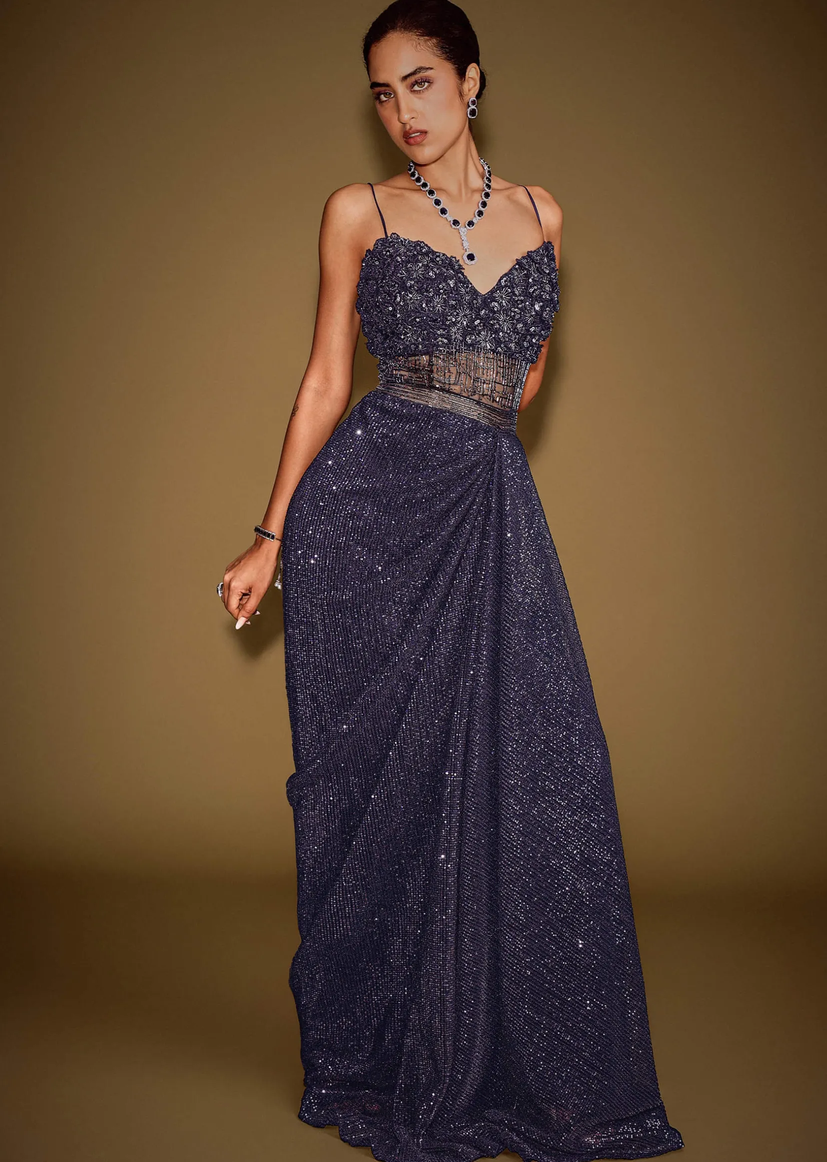 Midnight Blue Corset Gown With Drape And Embroidered Cape