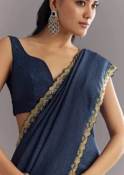 Midnight Blue Crushed Tissue Saree With Stones Cutdana Embroidered Scallop Border