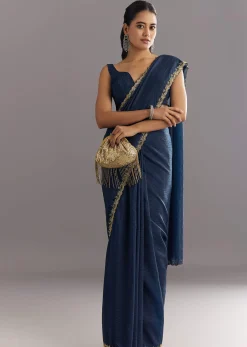 Midnight Blue Crushed Tissue Saree With Stones Cutdana Embroidered Scallop Border