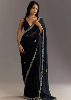 Midnight Blue Crushed Tissue Saree With Scallop Embroidered Border
