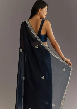 Midnight Blue Crushed Tissue Saree With Scallop Embroidered Border