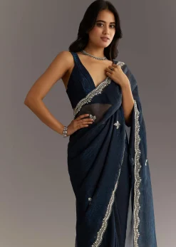 Midnight Blue Crushed Tissue Saree With Scallop Embroidered Border
