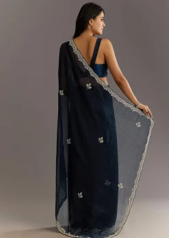 Midnight Blue Crushed Tissue Saree With Scallop Embroidered Border
