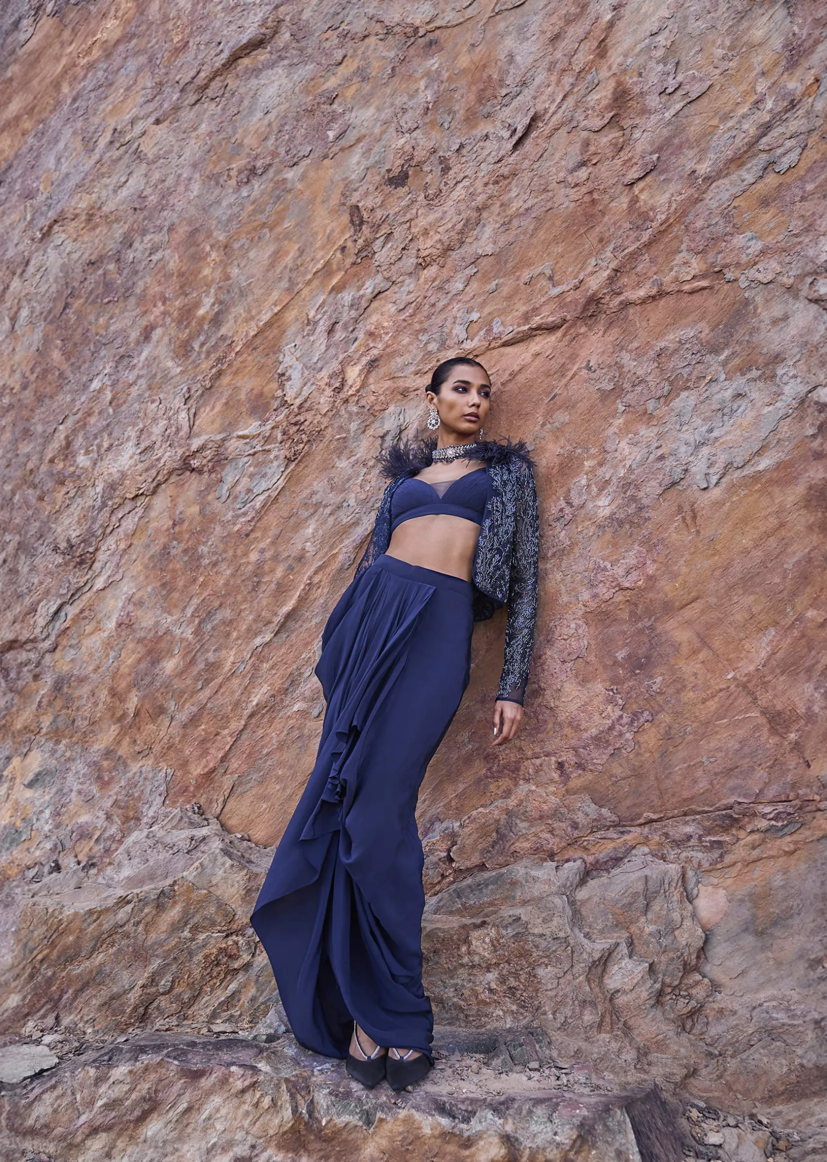 Midnight Blue Feathered Jacket With Draped Skirt And Bustier