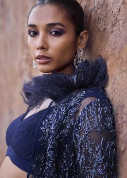 Midnight Blue Feathered Jacket With Draped Skirt And Bustier