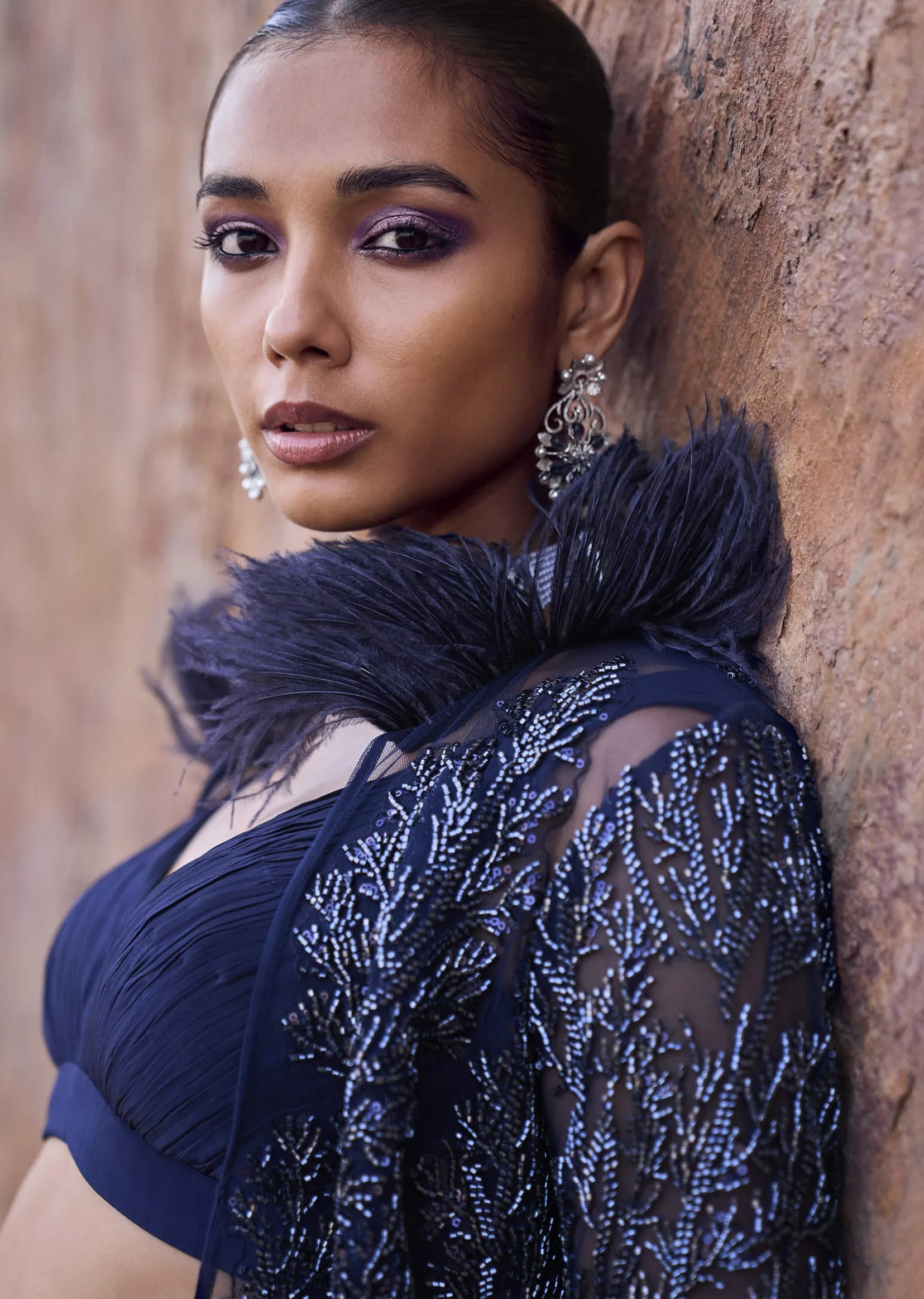 Midnight Blue Feathered Jacket With Draped Skirt And Bustier