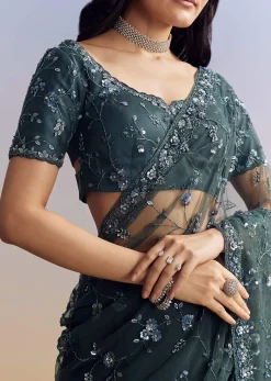 Midnight Blue Net Saree With Floral Jaal And Statement Embroidery