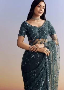 Midnight Blue Net Saree With Floral Jaal And Statement Embroidery