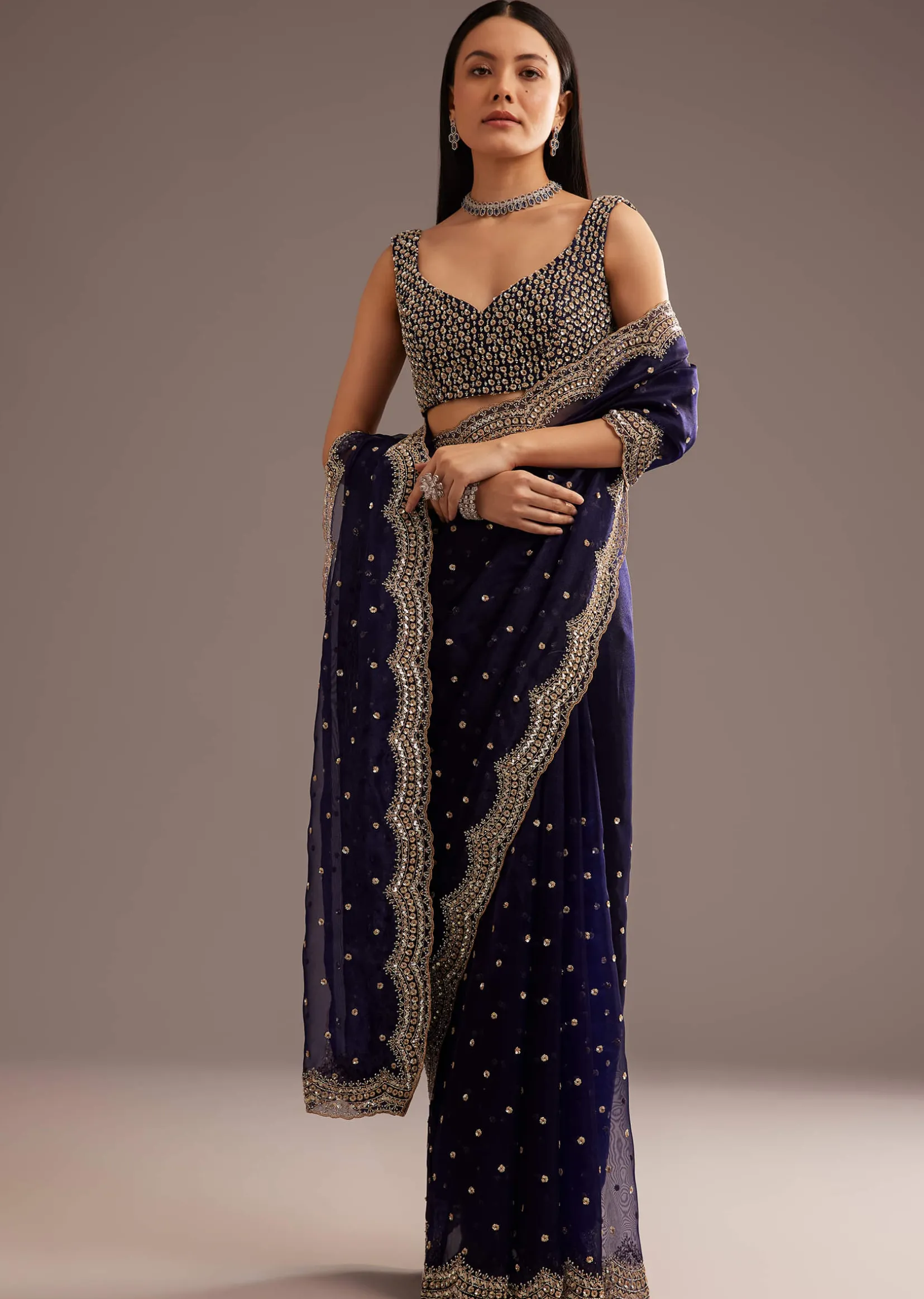 Midnight Blue Organza Tissue Saree With Sequin And Cutdana Embroidery