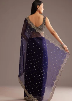 Midnight Blue Organza Tissue Saree With Sequin And Cutdana Embroidery
