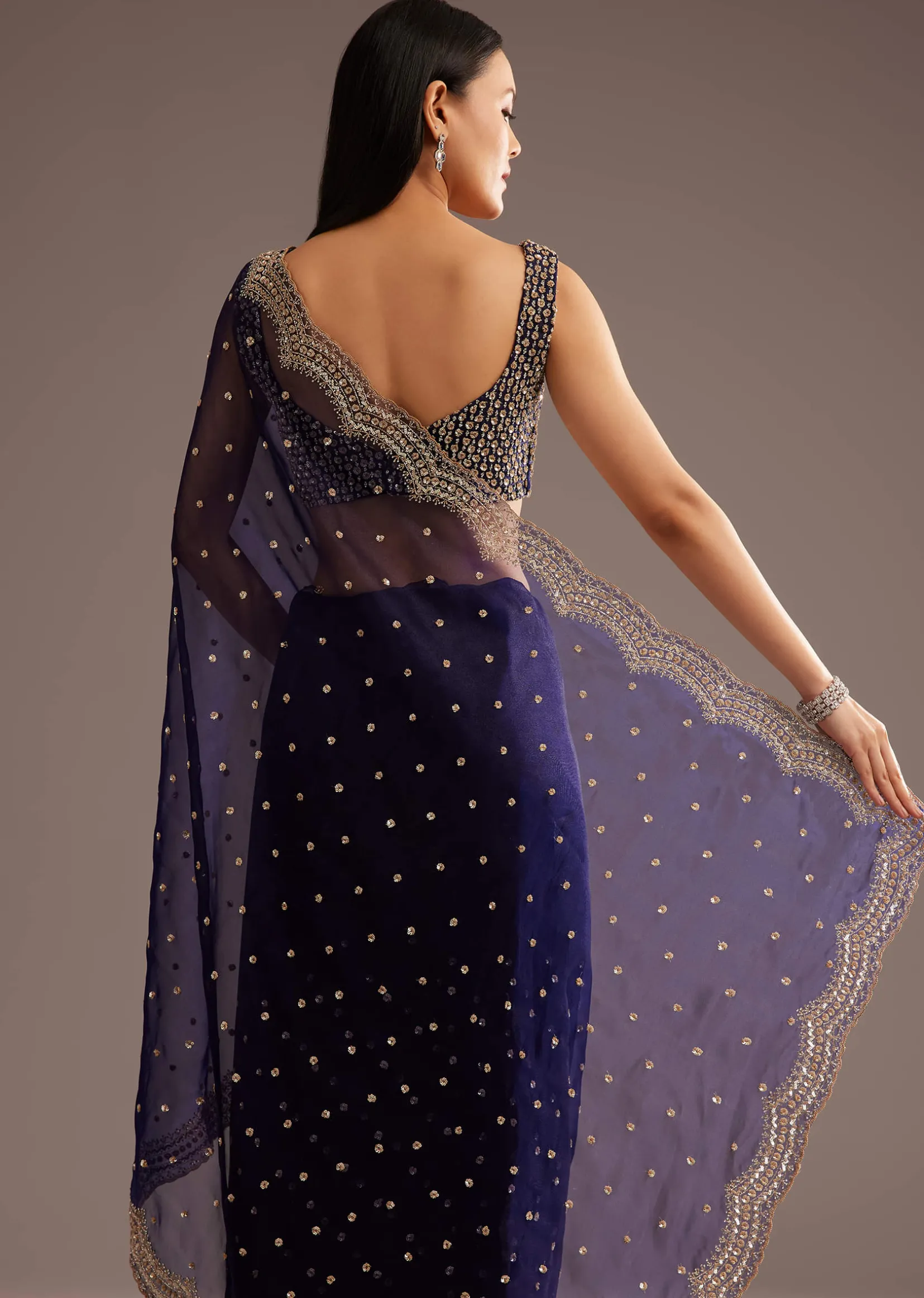 Midnight Blue Organza Tissue Saree With Sequin And Cutdana Embroidery