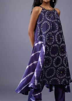 Midnight Blue Silk Bandhani Top With Tie-Dye Side Panel And Silk Dhoti Pants