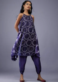 Midnight Blue Silk Bandhani Top With Tie-Dye Side Panel And Silk Dhoti Pants