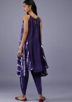 Midnight Blue Silk Bandhani Top With Tie-Dye Side Panel And Silk Dhoti Pants