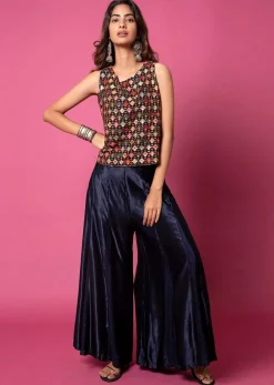Midnight Blue Top And Paneled Sharara Pants With Thread Embroidery And Tassel Detailing