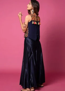 Midnight Blue Top And Paneled Sharara Pants With Thread Embroidery And Tassel Detailing