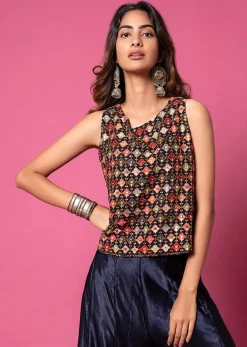 Midnight Blue Top And Paneled Sharara Pants With Thread Embroidery And Tassel Detailing
