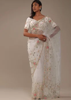 Milky White 3D Embroidered Tissue Silk Saree