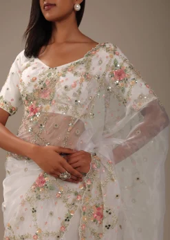 Milky White 3D Embroidered Tissue Silk Saree