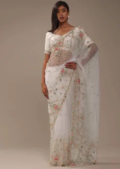 Milky White 3D Embroidered Tissue Silk Saree