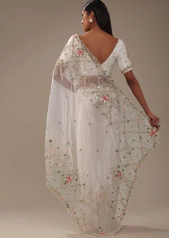 Milky White 3D Embroidered Tissue Silk Saree