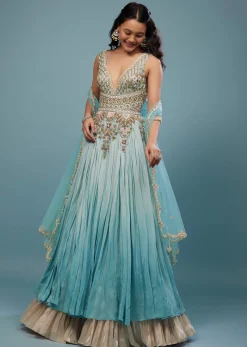 Mint Blue Embroidered Anarkali Suit In Crepe