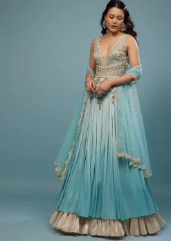 Mint Blue Embroidered Anarkali Suit In Crepe