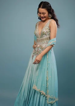 Mint Blue Embroidered Anarkali Suit In Crepe
