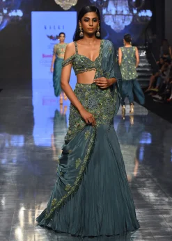 Mint Blue Lehenga Set In Pure Crepe Embroidered With Attached Dupatta - NOOR 2022
