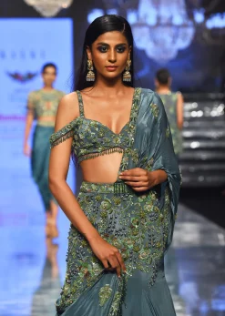 Mint Blue Lehenga Set In Pure Crepe Embroidered With Attached Dupatta - NOOR 2022