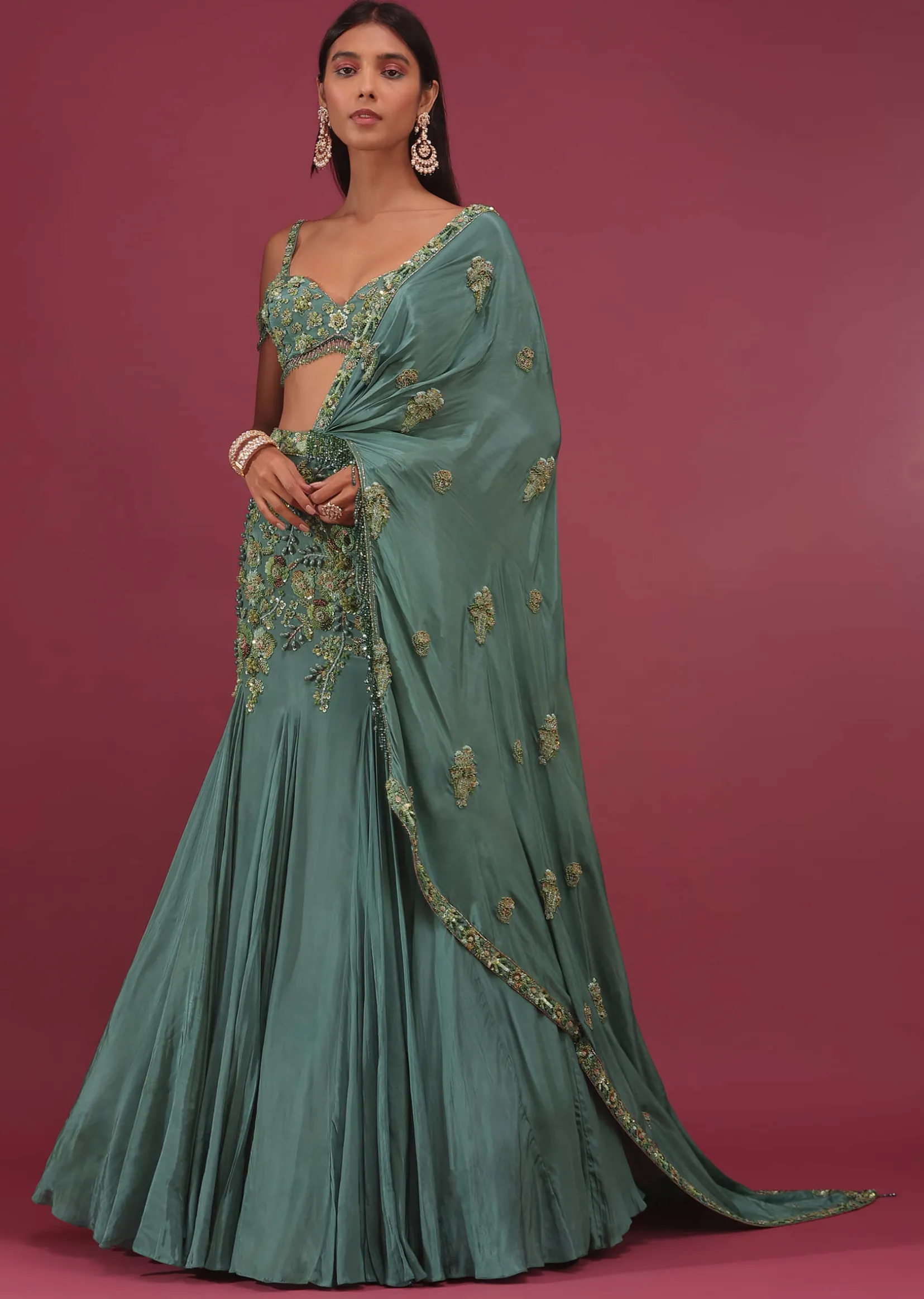 Mint Blue Lehenga Set In Pure Crepe Embroidered With Attached Dupatta - NOOR 2022