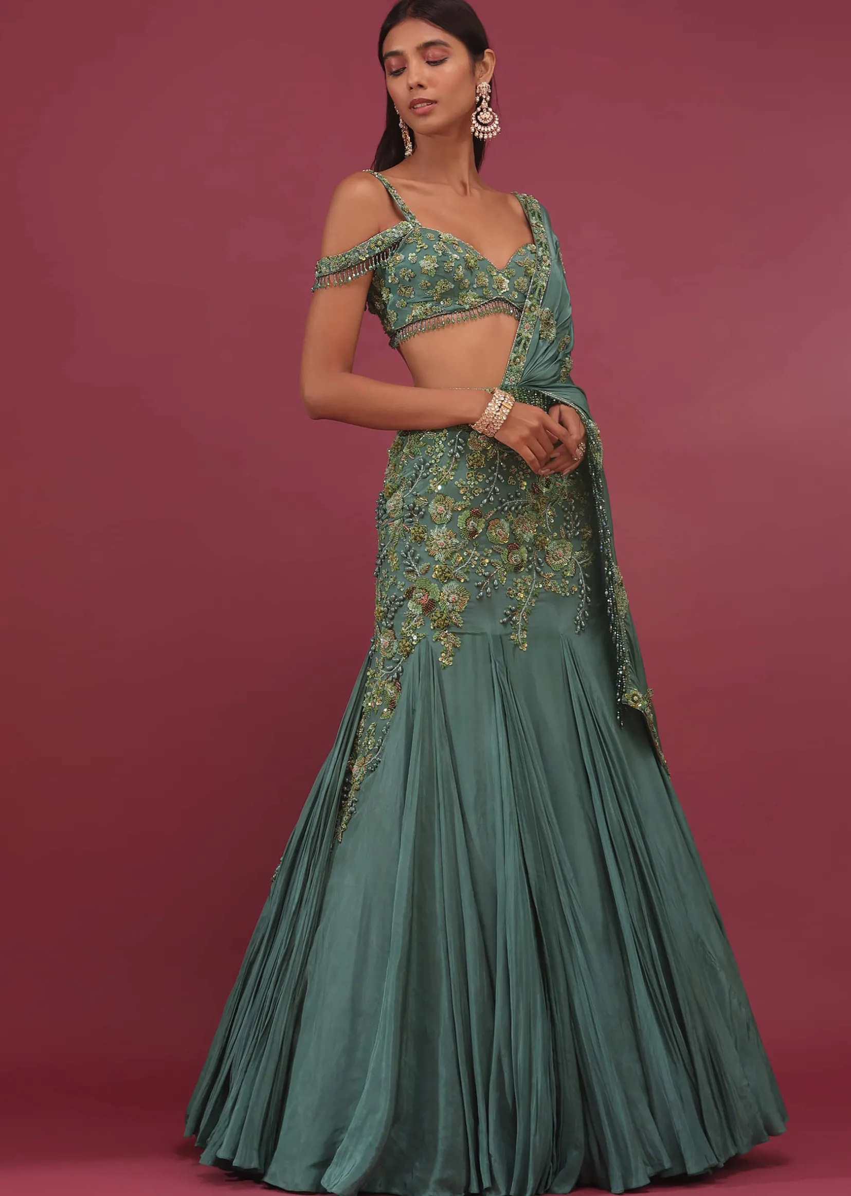 Mint Blue Lehenga Set In Pure Crepe Embroidered With Attached Dupatta - NOOR 2022