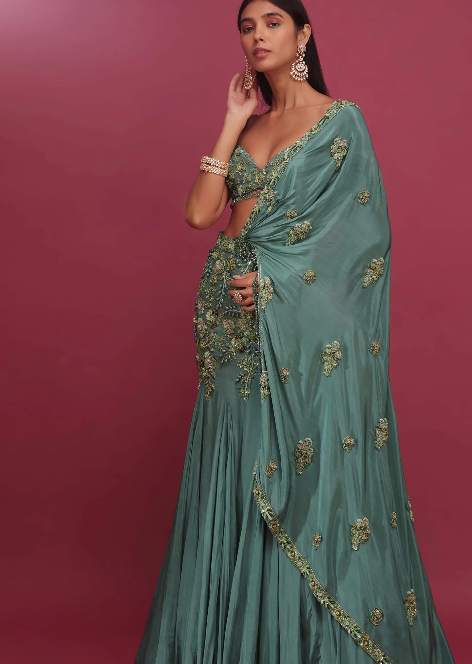 Mint Blue Lehenga Set In Pure Crepe Embroidered With Attached Dupatta - NOOR 2022