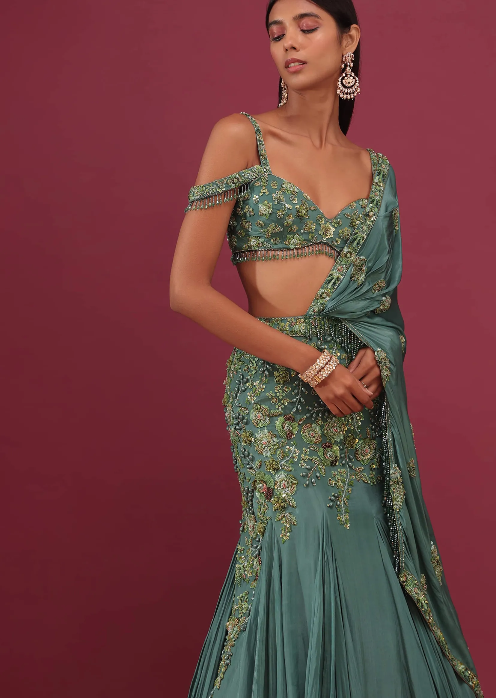 Mint Blue Lehenga Set In Pure Crepe Embroidered With Attached Dupatta - NOOR 2022
