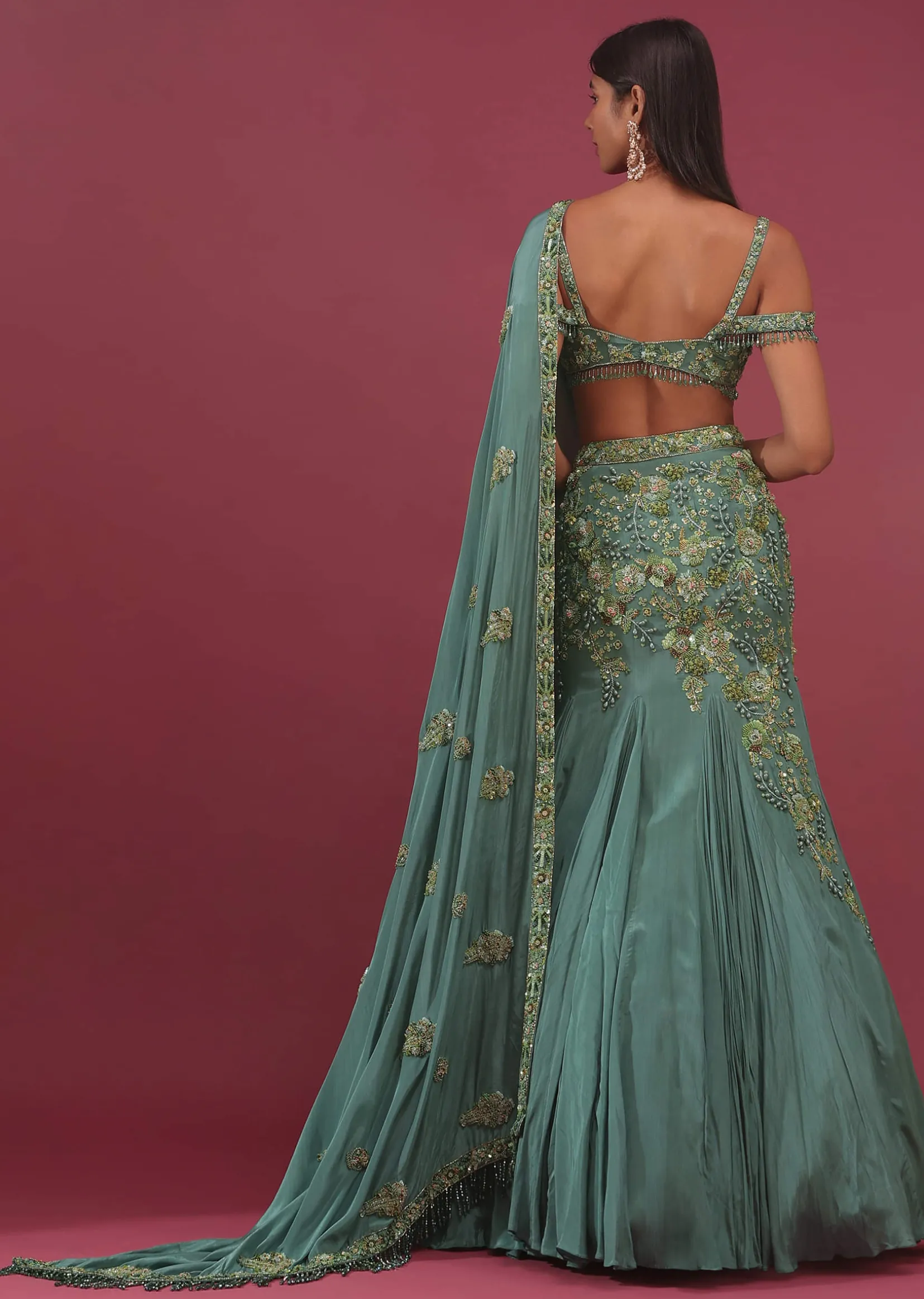 Mint Blue Lehenga Set In Pure Crepe Embroidered With Attached Dupatta - NOOR 2022