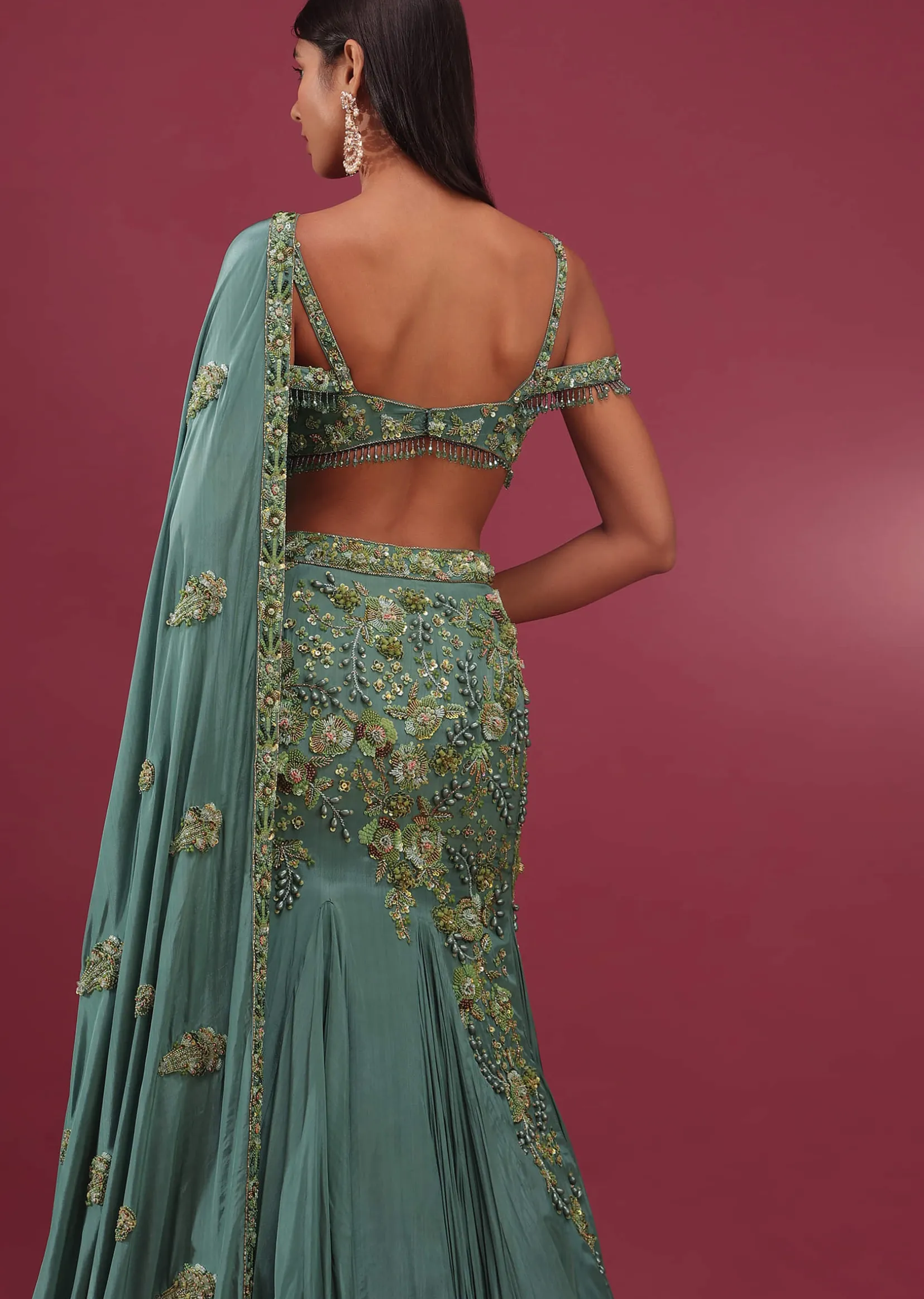 Mint Blue Lehenga Set In Pure Crepe Embroidered With Attached Dupatta - NOOR 2022