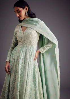 Mint Blue Lucknowi Work Anarkali With Matching Dupatta