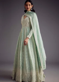 Mint Blue Lucknowi Work Anarkali With Matching Dupatta