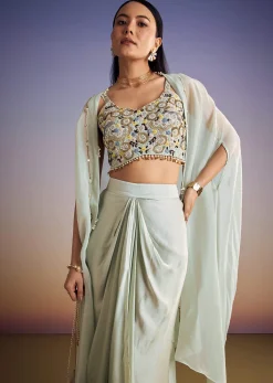 Mint Blue Organza Cape Set With Sequins And Thread Work