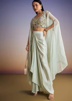 Mint Blue Organza Cape Set With Sequins And Thread Work